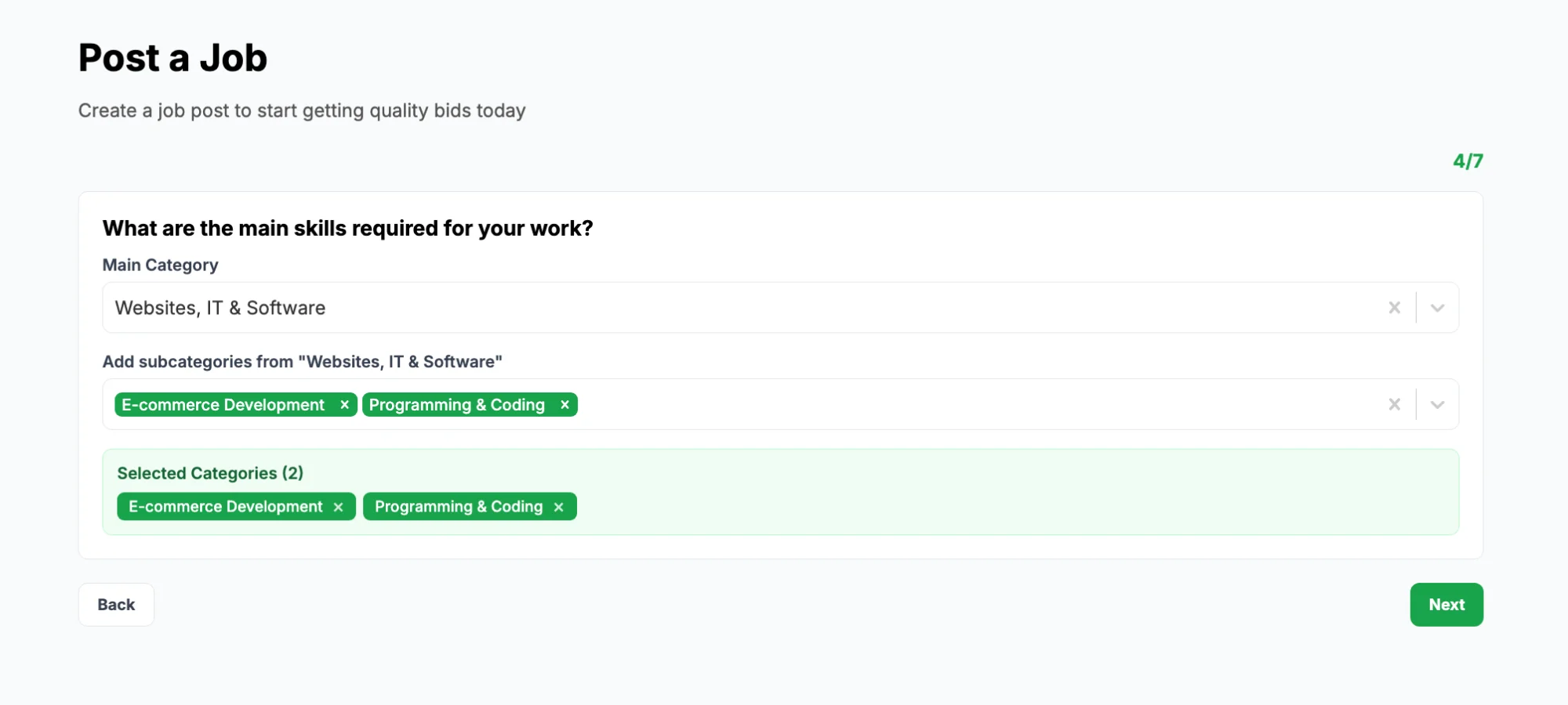 Post Job Category Selection